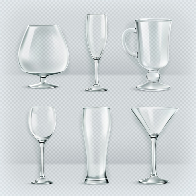 Conjunto de taças de vidros transparentes, coleção de taças de coquetel, ilustração vetorial,