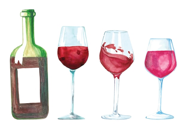 Vetor conjunto de taças de vinho em aquarela e garrafa