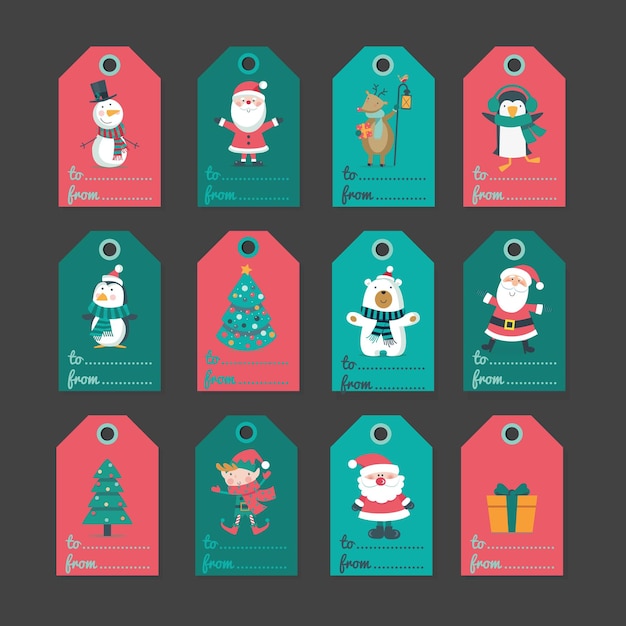 Vetor conjunto de tags com personagens de natal papai noel, boneco de neve, veado e urso polar.