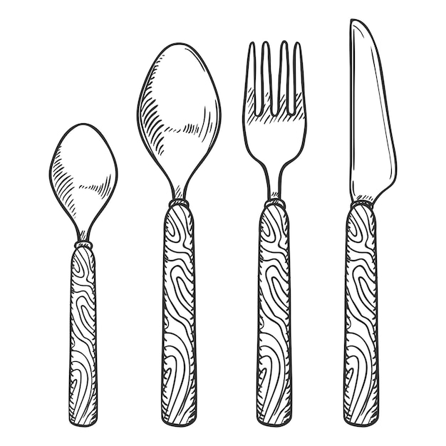 Conjunto de talheres de desenho vetorial desenhado à mão com alças de madeira faca garfo colher colher de chá