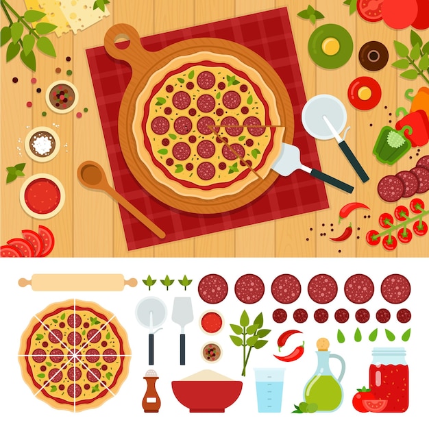 Conjunto de talheres e pizza de calabresa com sal, salame, tomates, pimenta, colher, faca