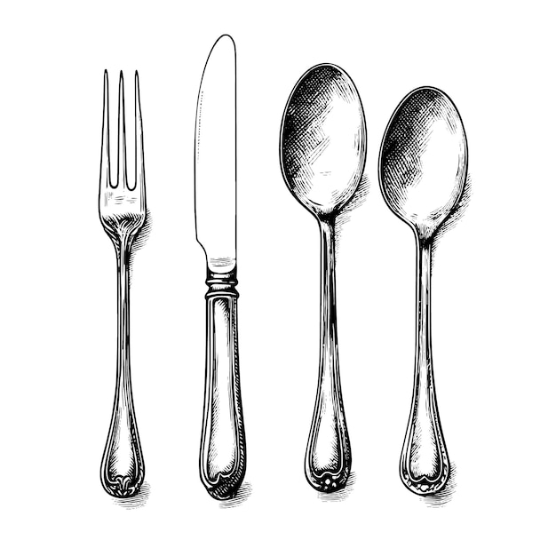Conjunto de talheres garfo colher faca configuração de mesa ilustração vetorial desenhada à mão esboço realista