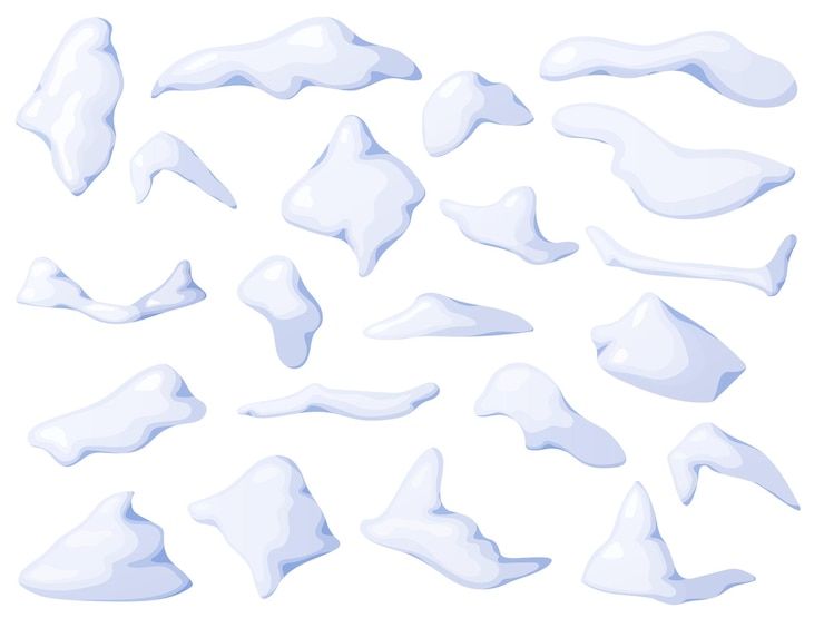 Vetor conjunto de tampões de neve e montes de neve. elementos nevados isolados no fundo branco. modelo vetorial no desenho animado