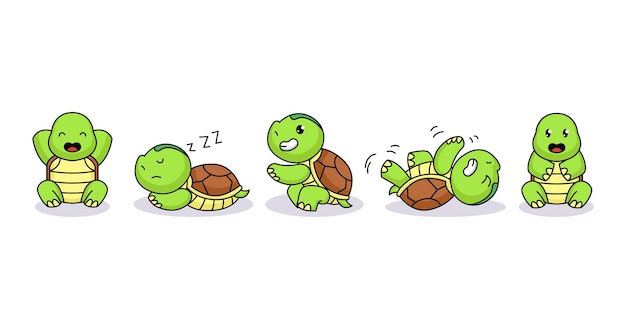 Conjunto de tartaruga bebê fofo engraçado e feliz
