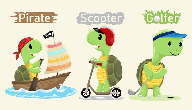Conjunto de tartarugas engraçadas desenhadas à mão navegando de scooter e jogando golfe