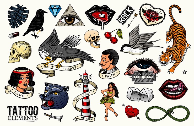 Vetor conjunto de tatuagem da velha escola tigre e lábios águia e andorinha crânio e pássaro em estilo rock gravado à mão esboço retrô vintage para notebook ou logotipo ou camisetas