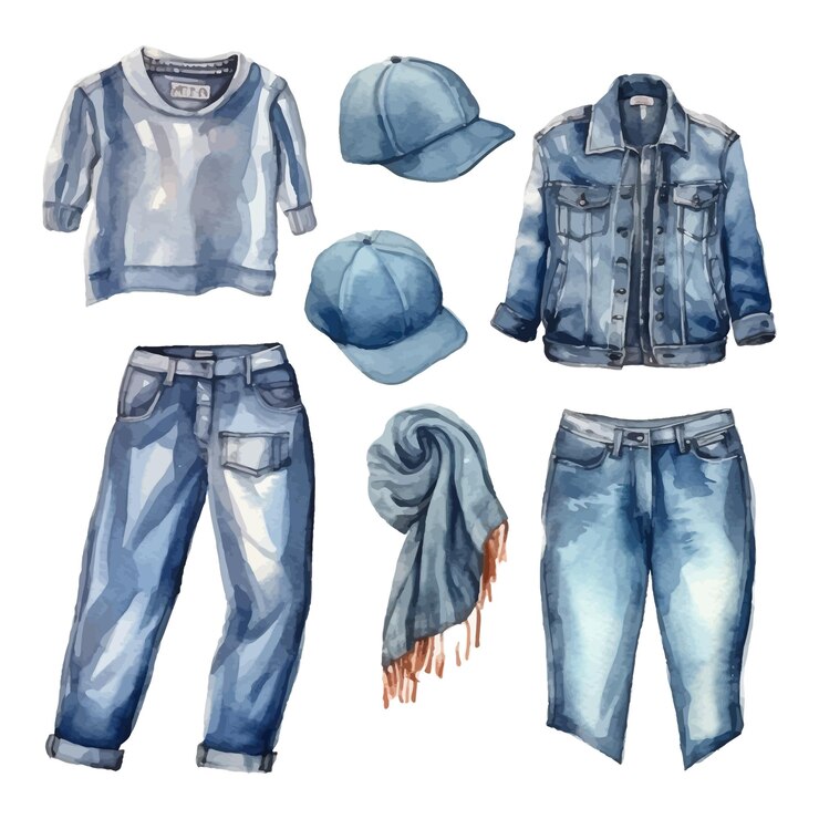 Vetor conjunto de tecido jeans da moda clipart em aquarela ilustração desenhada à mão