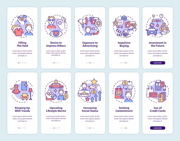 Conjunto de telas da página do aplicativo móvel de integração do consumismo. motivos de compra excessivos, instruções gráficas de 5 etapas com conceitos. modelo de vetor ui, ux e gui com ilustrações coloridas lineares