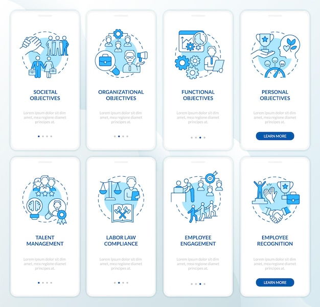 Conjunto de telas de aplicativos móveis de integração azul de gerenciamento de rh e negócios. passo a passo de 4 etapas páginas de instruções gráficas com conceitos lineares. ui, ux, modelo de gui. myriad pro-bold, fontes regulares usadas