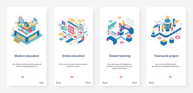Conjunto de telas de aplicativos para dispositivos móveis ux ui, tecnologia moderna de ensino à distância online
