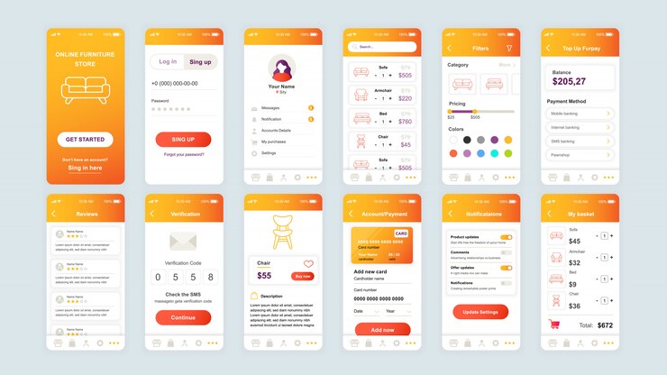 Vetor conjunto de telas de interface do usuário, ux, gui modelo simples de aplicativo de compras