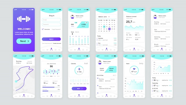 Conjunto de telas de interface do usuário, ux, gui modelo simples de aplicativo de fitness