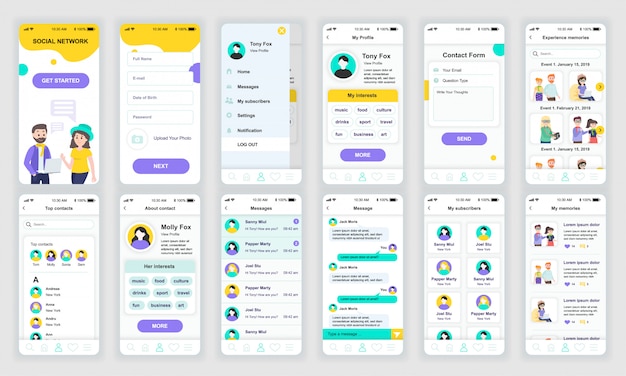 Conjunto de telas de interface do usuário, ux, gui social network app flat