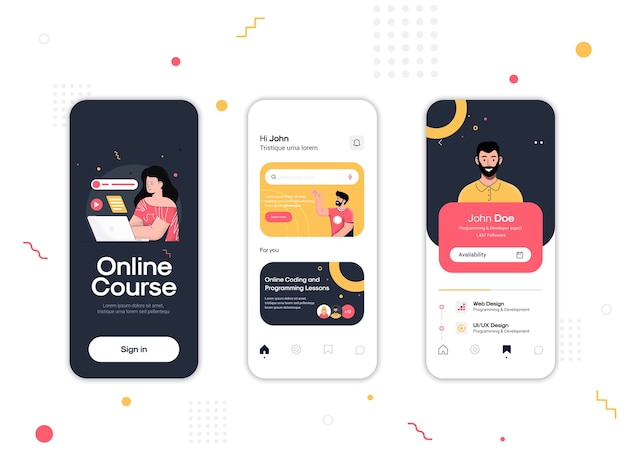 Conjunto de telas de ui, ux e gui do aplicativo curso online