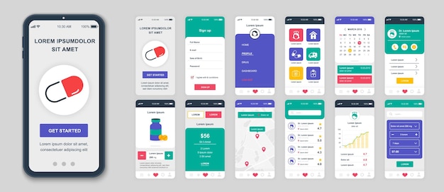 Conjunto de telas ui ux gui modelo de design plano de aplicativo de medicina para site responsivo de aplicativos móveis