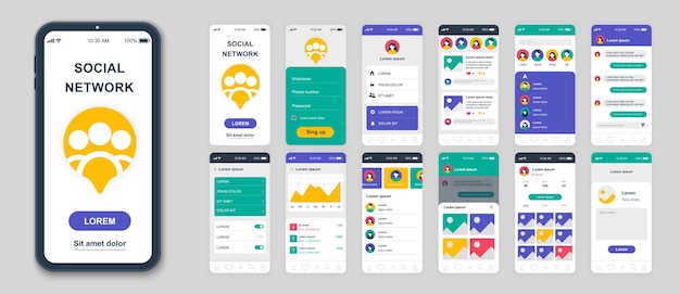 Conjunto de telas ui ux gui modelo de design plano de aplicativo de rede social para site responsivo de aplicativos móveis