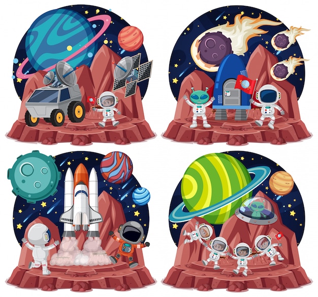 Conjunto de temas de espaço com astronautas isolados no branco backgroud