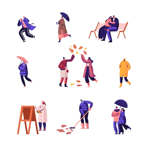 Conjunto de temporada de outono. Ilustração plana dos desenhos animados