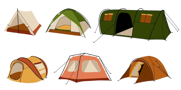 Conjunto de tendas de acampamento Casa turística Acampamento de aventura ao ar livre Equipamento de abrigo do acampamento Cúpula de acampamentos para floresta Turismo de caminhadas Ferramentas de campismo Férias de verão Vector desenho animado plano ilustração isolada