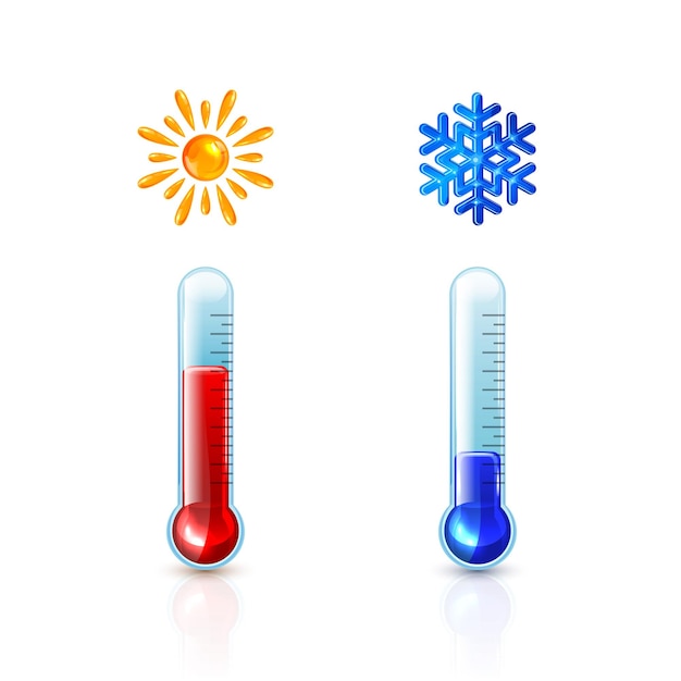 Conjunto de termômetros com indicador vermelho e azul isolado em fundo branco verão sol e inverno ilustração de floco de neve