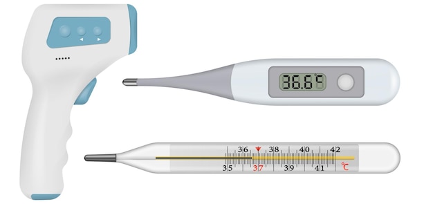Conjunto de termômetros vários tipos de dispositivos médicos que medem a temperatura do corpo humano vidro de mercúrio plástico eletrônico e ilustração vetorial sem contato