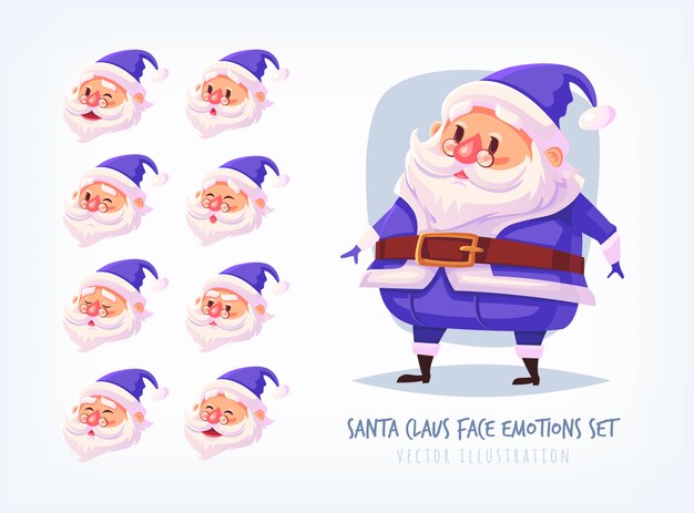 Conjunto de terno azul papai noel enfrenta emoções ícones bonito dos desenhos animados enfrenta coleção ilustração de feliz natal