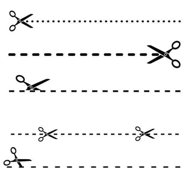 Vetor conjunto de tesouras pretas com linhas de corte isoladas por vetor
