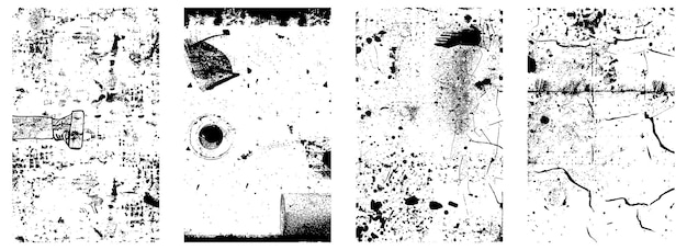 Conjunto de texturas vetoriais envelhecidas Grunge Fundos preto e branco com arranhões Splatter EPS 10