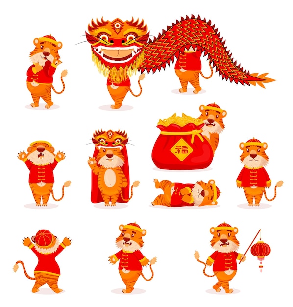 Conjunto de tigres chineses vermelhos em trajes de ano novo com lanternas e dragões em estilo cartoon.