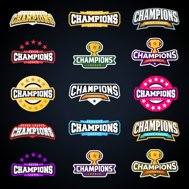 Vetor conjunto de tipografia de emblemas de campeões esportivos ou campeões de campeões