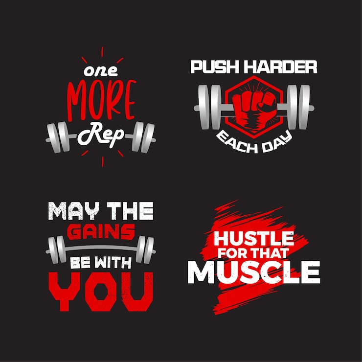 Conjunto de tipografia de fitness de ginásio cita design de camiseta com cor preta e vermelha