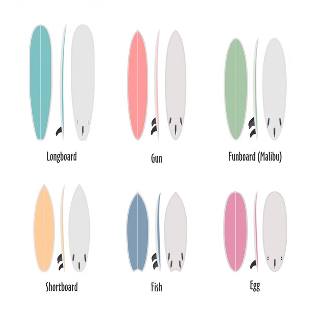 Conjunto de tipos de pranchas de surf, formas coloridas em escala