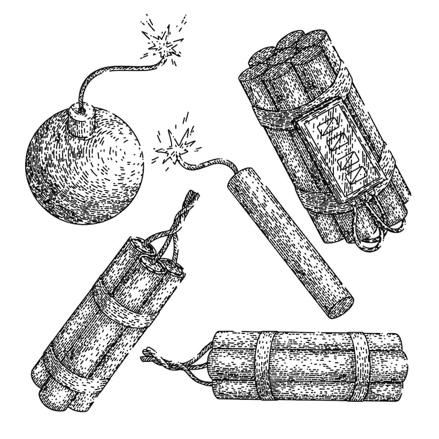Conjunto de tnt de bomba de dinamite esboço desenhado à mão vetor