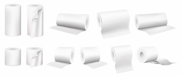 Conjunto de toalhas de papel enroladas e papel higiênico, vetor conjunto 3d realista isolado no fundo branco