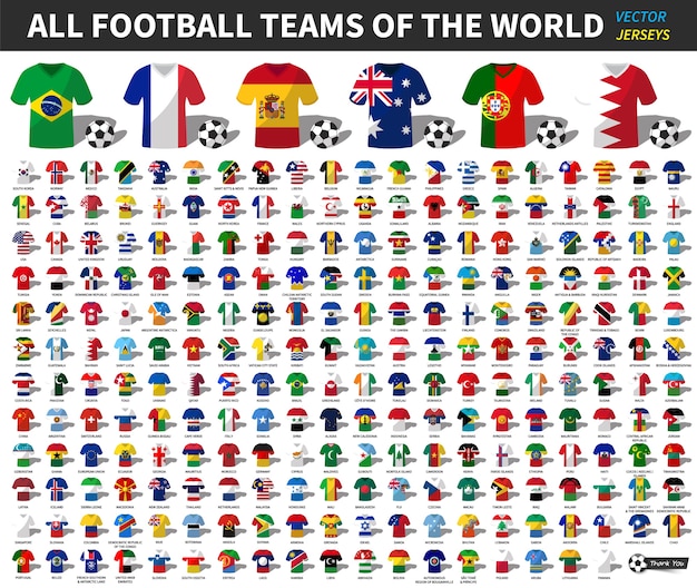 Conjunto de todos os nacionais de futebol ou camisa de time de futebol do mundo