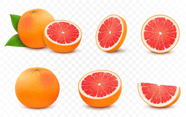 Vetor conjunto de toranja suculenta fresca com folhas meia fatia e toda de frutas cítricas isoladas em fundo transparente frutas de verão para um estilo de vida saudável ilustração em vetor 3d realista