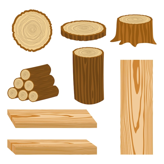 Conjunto de toras de madeira para silvicultura e indústria madeireira Ilustração de tocos de troncos e pranchas