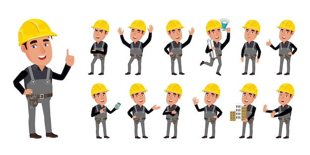 Conjunto de trabalhadores com poses diferentes