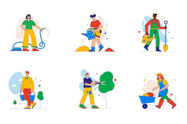 Conjunto de trabalho de jardim de mini-conceito ou ícones. Pessoas regando plantas, podando árvores, transportando safras no carrinho, usando equipamentos na fazenda, cena de pessoa moderna. Ilustração vetorial em design plano para web