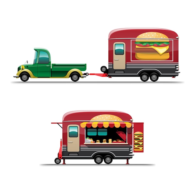 Vetor conjunto de trailer food truck com hambúrguer com menu, desenho de ilustração plana de estilo em fundo branco