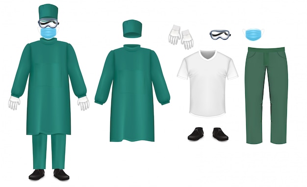 Vetor conjunto de traje de proteção verde bacteriológico, ilustração isolada