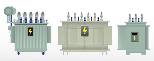 Vetor conjunto de transformador elétrico ou ícone de linha elétrica de alta tensão ou torres de energia de pilões de alta tensão