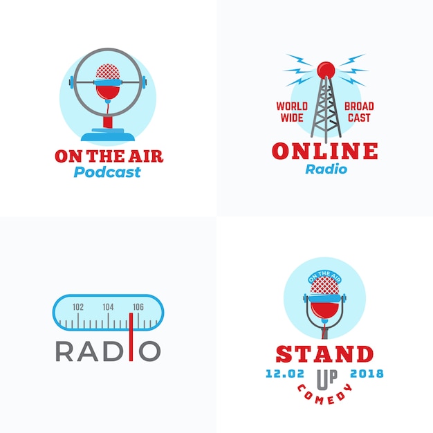 Conjunto de transmissão de rádio e modelos de logotipo de microfones