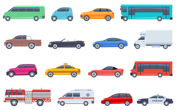 Conjunto de transporte urbano. Carro de polícia ambulância bombeiros ônibus táxi cabriolet suv pickup vector transporte urbano plano isolado