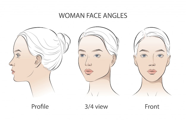 Vetor conjunto de três ângulos diferentes. vista de frente diferente, perfil, três quartos de um rosto de menina.