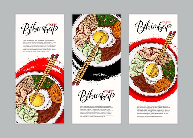 Conjunto de três banners com Bibimbap. Ilustração de mão desenhada.