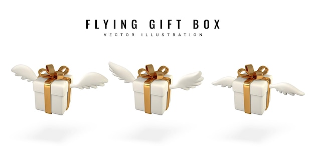 Conjunto de três caixas de presente voadoras 3d com asas em fundo branco elementos decorativos ilustração vetorial
