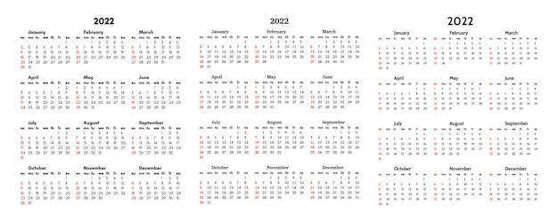 Conjunto de três calendários para 2022, isolado em um fundo branco. domingo a segunda-feira, modelo de negócios. ilustração vetorial