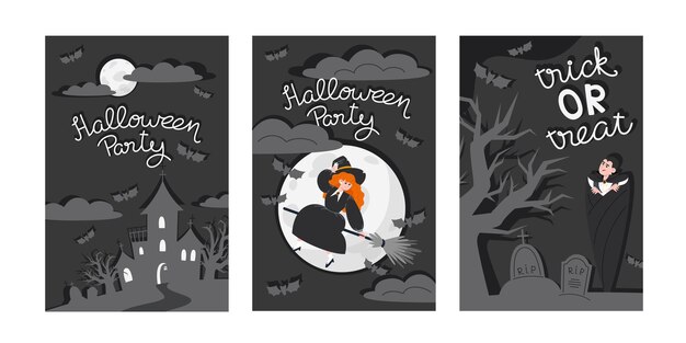 Conjunto de três cartazes de Halloween com a Feiticeira Vampira e o Castelo