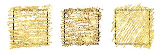 Conjunto de três cenários brilhantes de tinta dourada com molduras quadradas pretas em um fundo branco. Fundo com brilhos dourados e efeito glitter. Espaço vazio para o seu texto. Ilustração vetorial